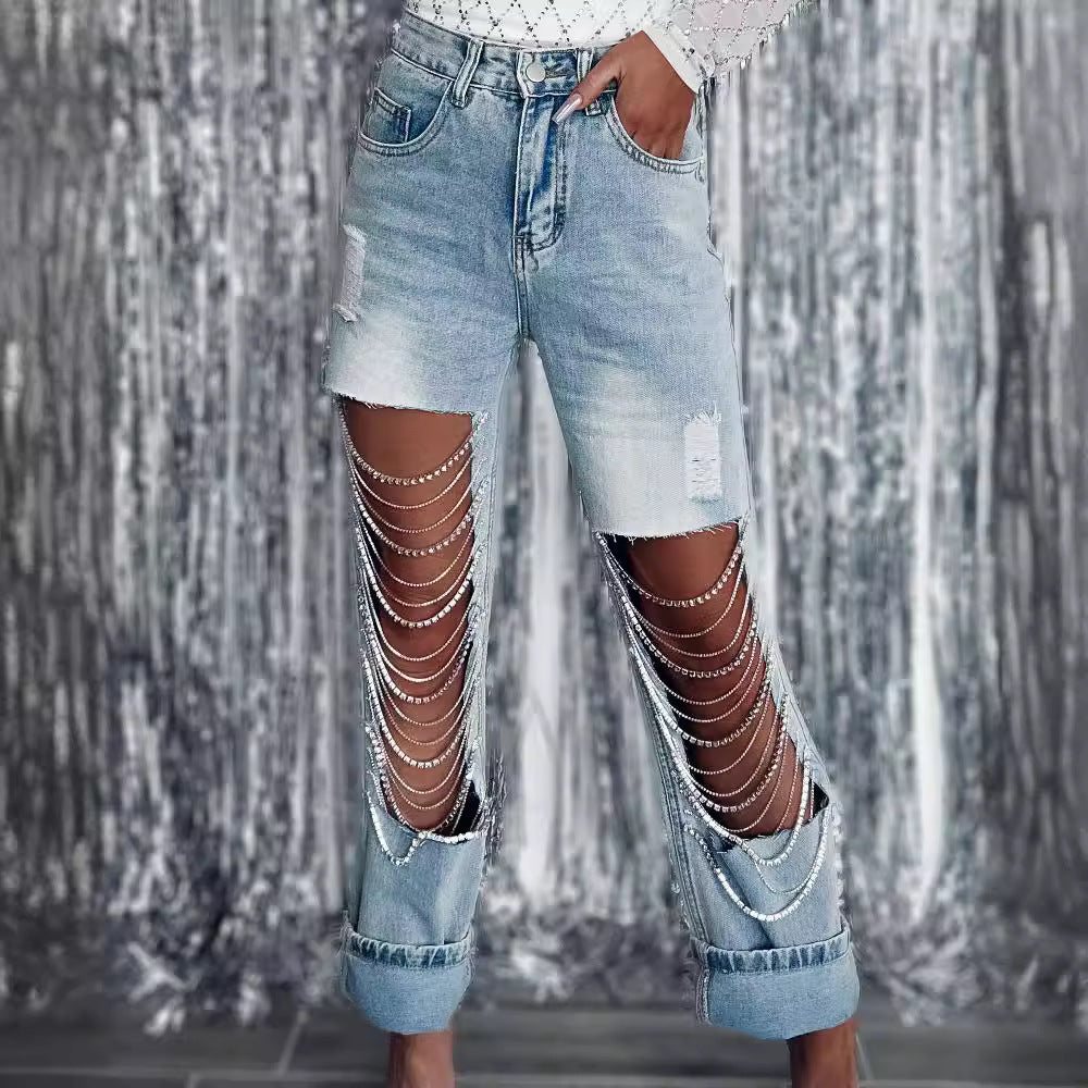 Distressed Denim Jeans with Chain Detail for Women