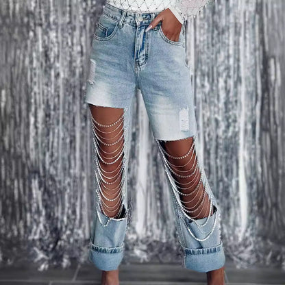 Distressed Denim Jeans with Chain Detail for Women