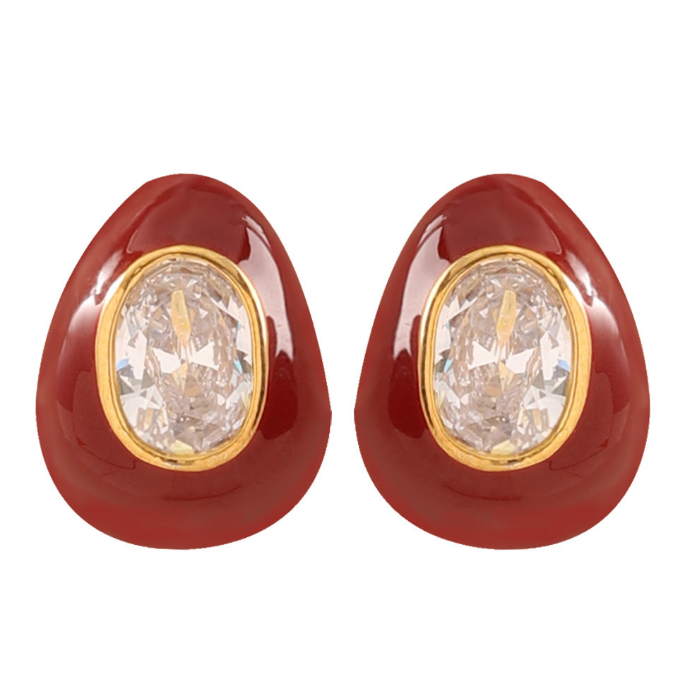 Fashionable Zirkon Stone Enamel Drip Glaze Red Water Drop Earrings
