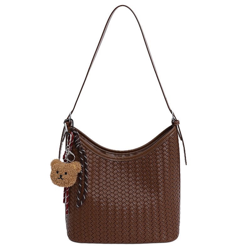 Trendy Woven Texture Bucket Tote Bag Large Capacity Casual Shoulder Bag