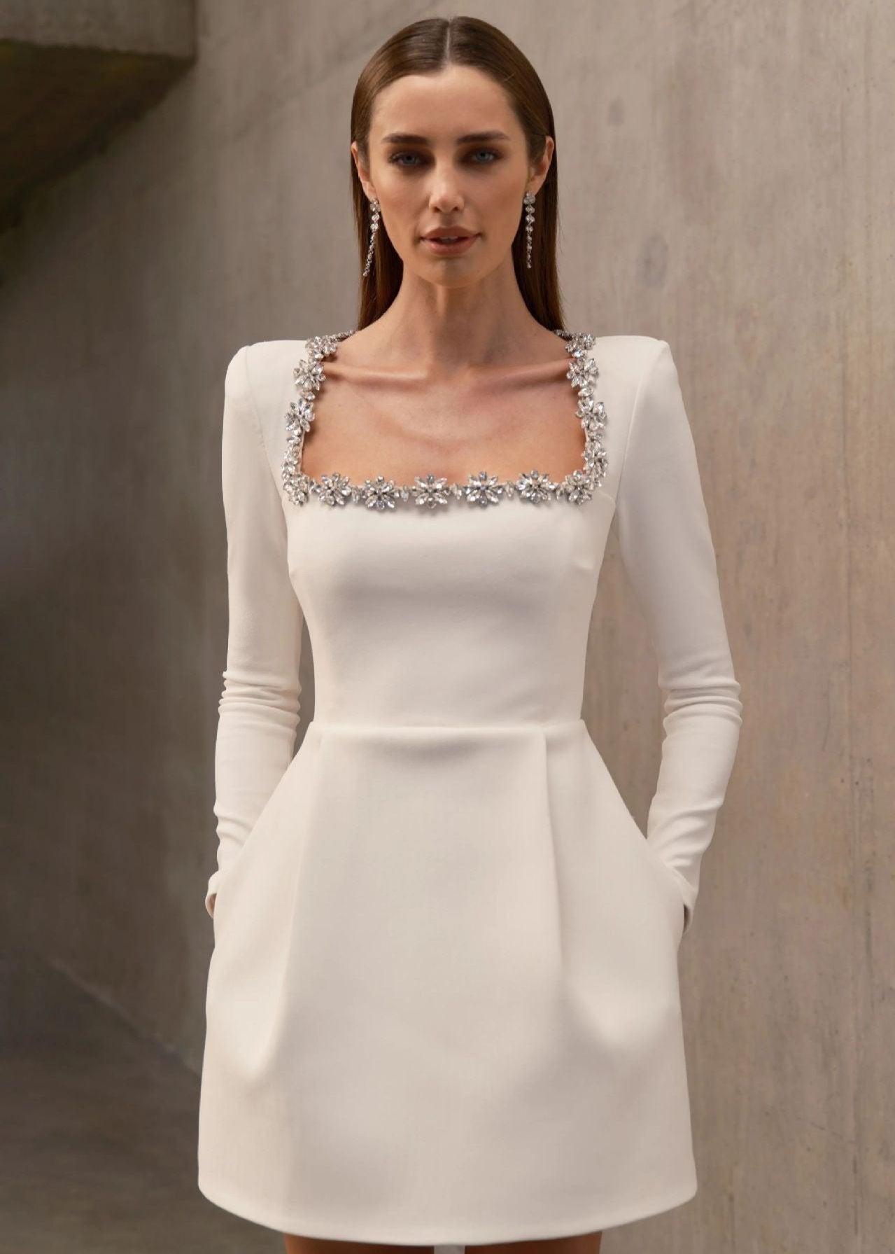 Square Neck Mini Dress Embellished with Rhinestones