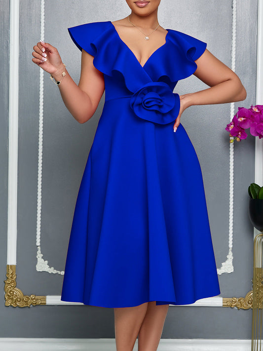 V-Neck Ruffle Floral Dress Elegant Evening Gown
