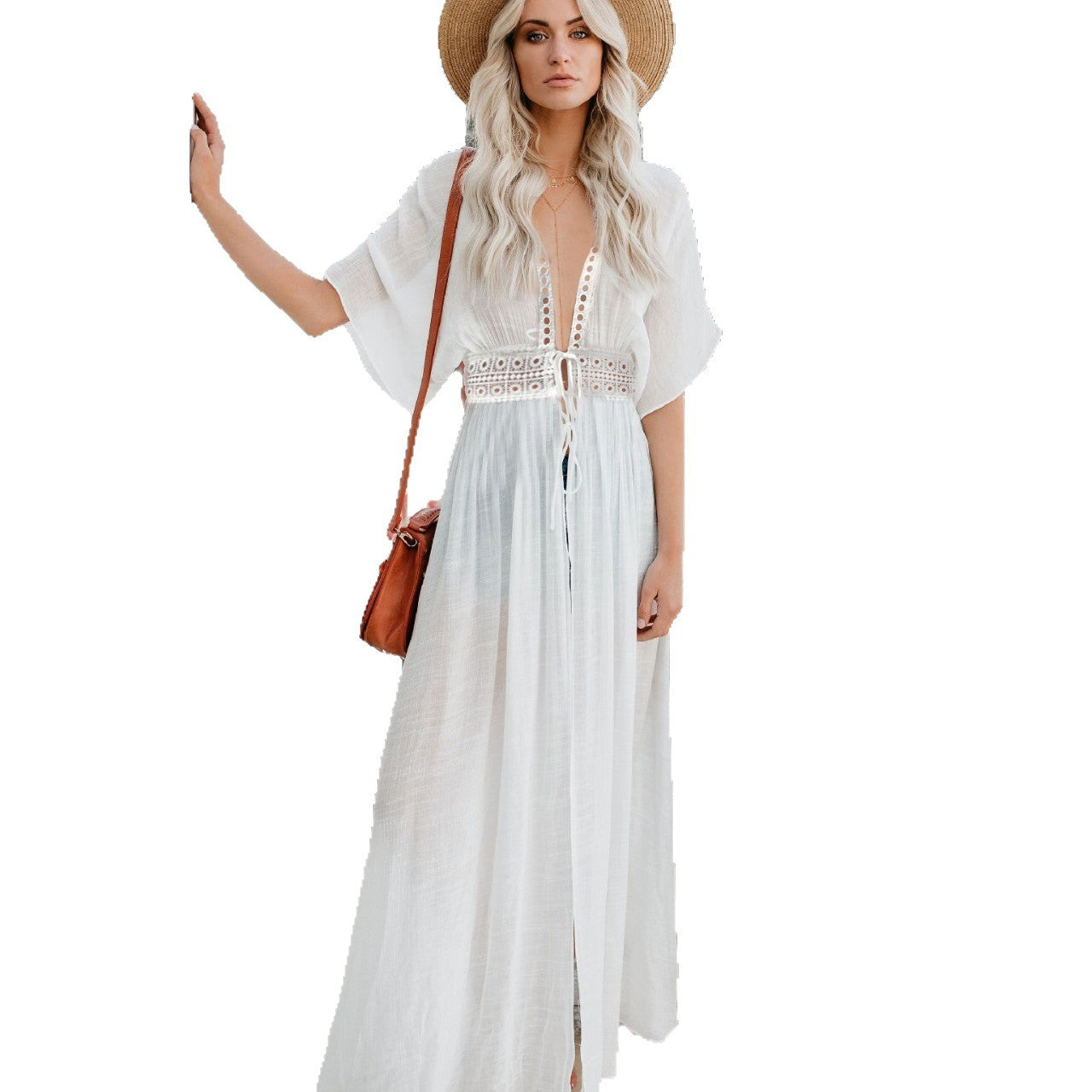 Women'S Long Lace Overlay Cardigan Beach Cover-Up