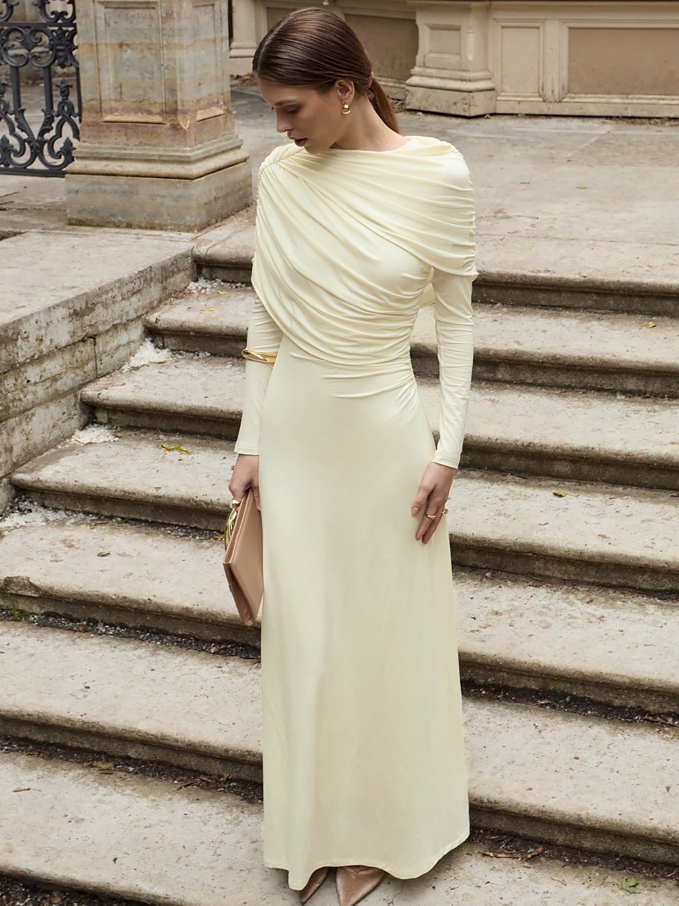 Elegant Solid Color Long Sleeve Dress with Ruched Design