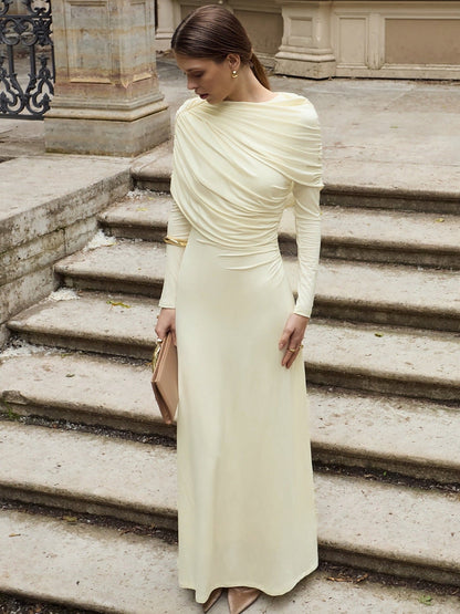Elegant Solid Color Long Sleeve Dress with Ruched Design