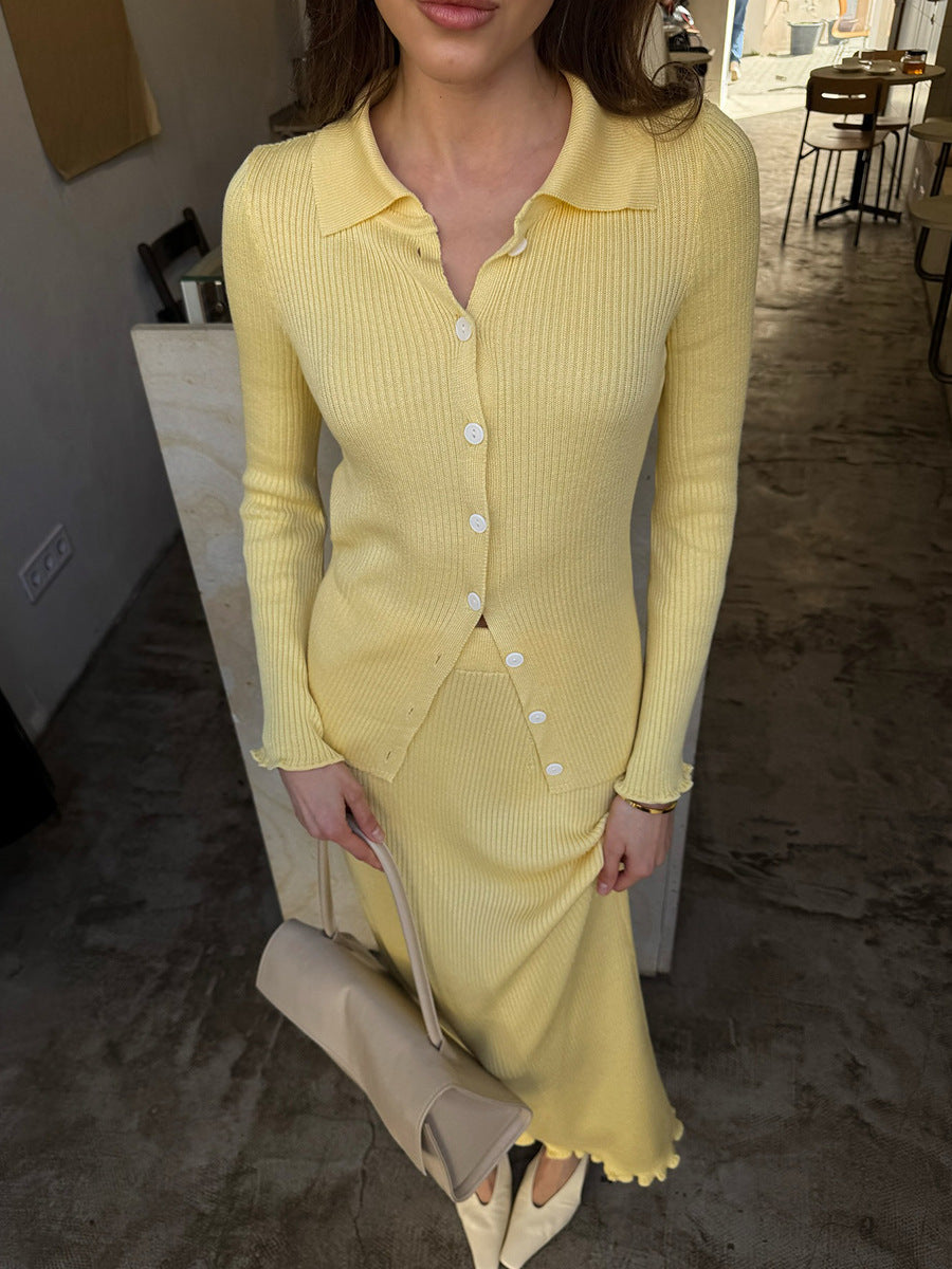 Polo Neck Long Sleeve Cardigan Skirt Set Casual Knitted Sweater