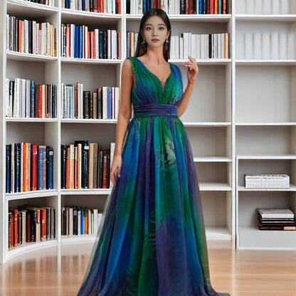 Floral Print Deep V-Neck Chiffon Maxi Dress For Women