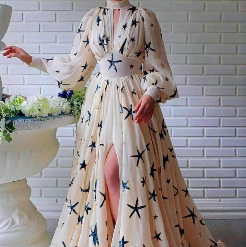 New Sequined Lantern Sleeve High-Low Chiffon Dress