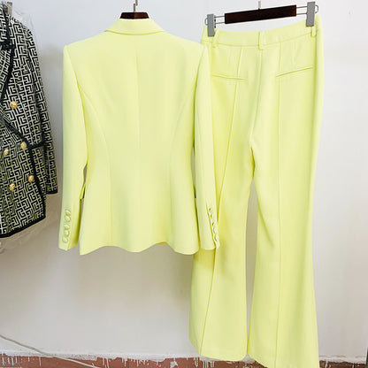 Fashionable Blazer And Flare Pant Set In Soft Yellow