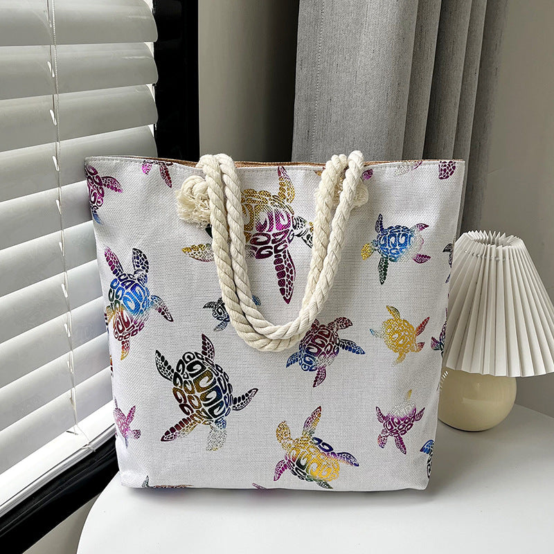 Large Capacity Linen Tote Bag with Dual-Sided Gold Foil Design