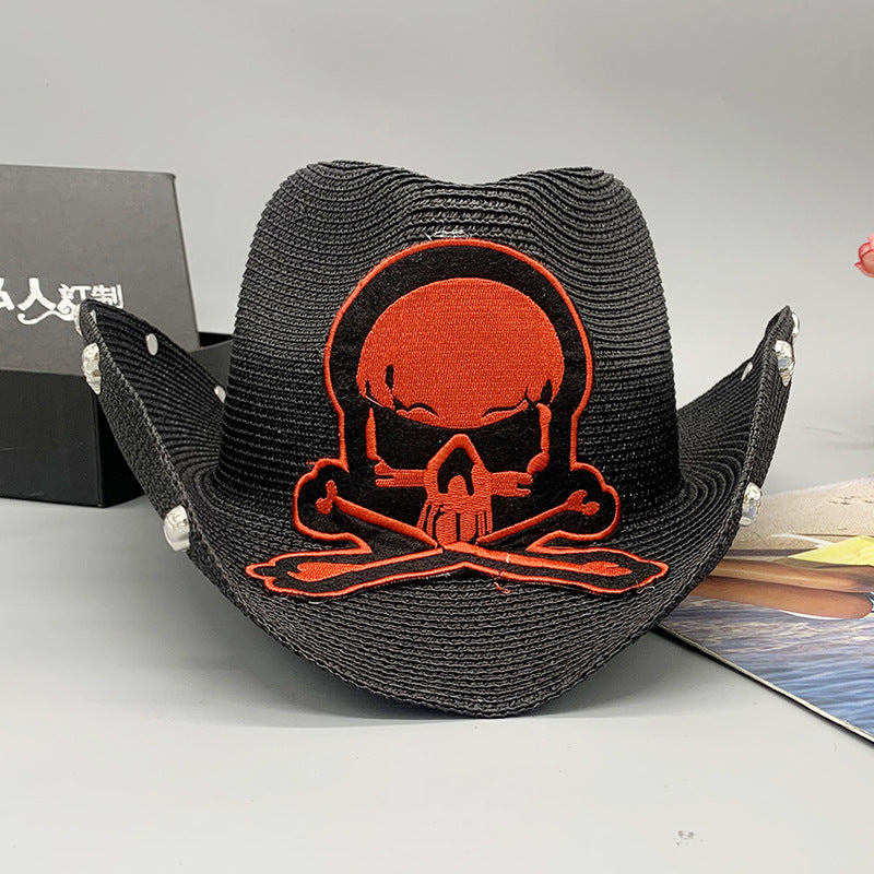 Black Paper Straw Cowboy Hat With Skull Design