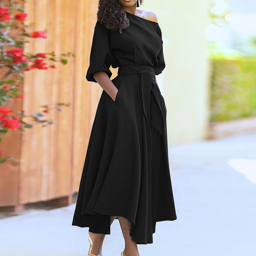 Slant Shoulder Maxi Dress With Tie Waist
