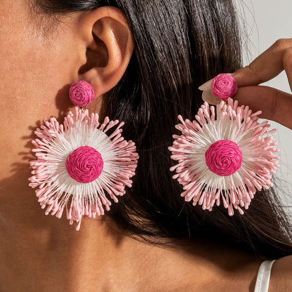 Handmade Woven Raffia Vacation Earrings Floral Design