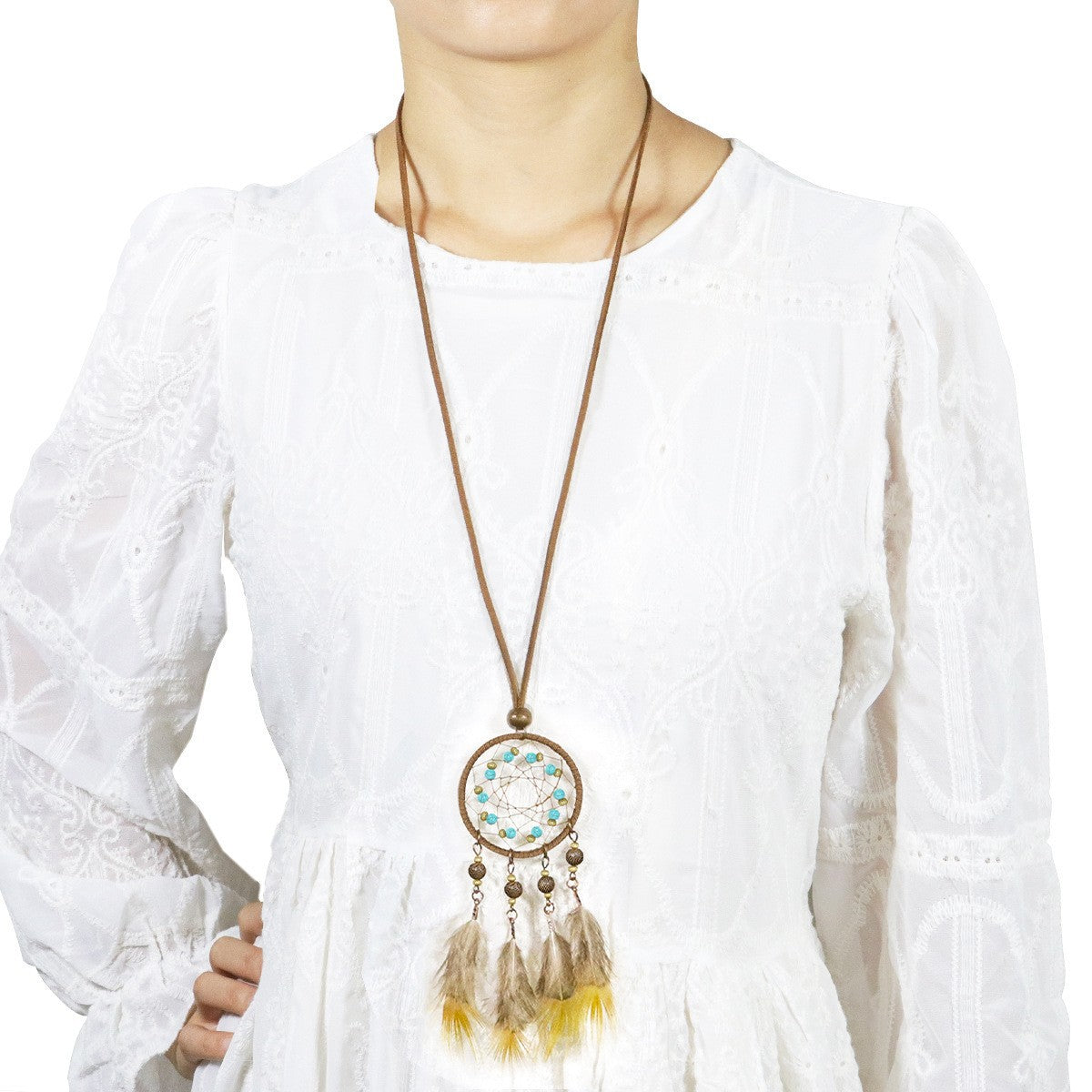 Vintage Feather Tassel Necklace Circle Dream Catcher Long Sweater Chain
