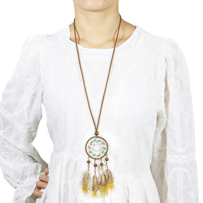 Vintage Feather Tassel Necklace Circle Dream Catcher Long Sweater Chain