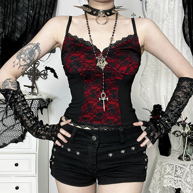 Dark Aesthetic Lace-Trimmed Cami Top for Streetwear