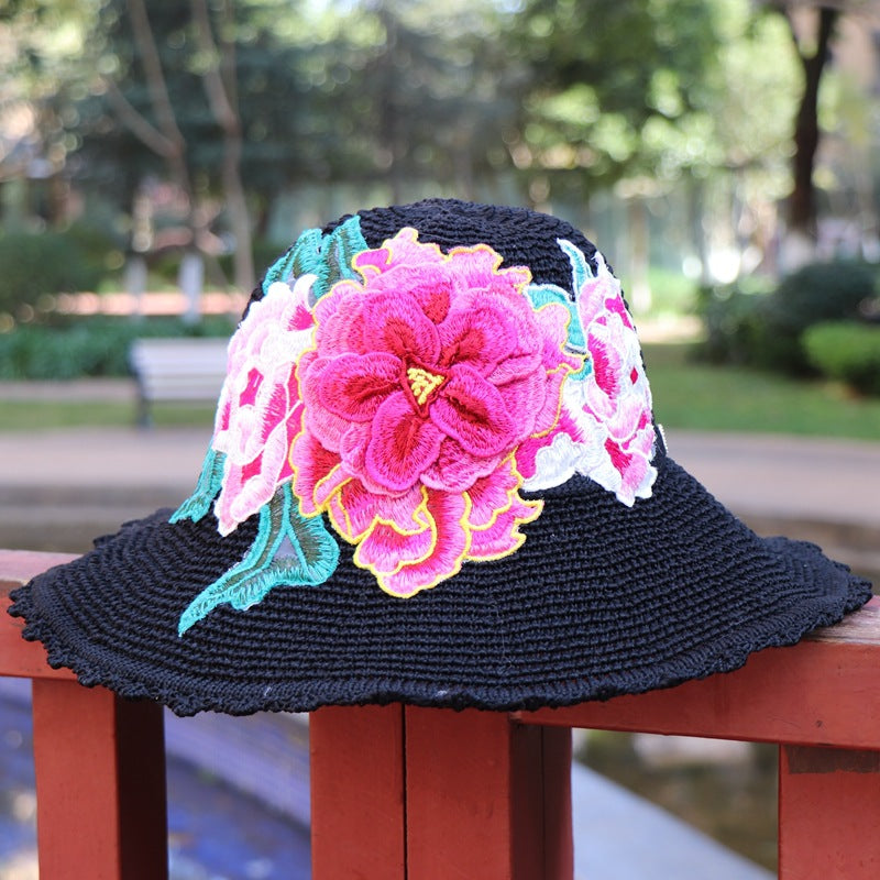 New Ethnic Style Embroidery Big Brim Hat Sun Visor Hat 3D Flower Hat Women'S Embroidery Hat