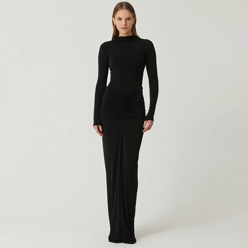 Elegant Solid Color Long Sleeve Maxi Dress With Ruching