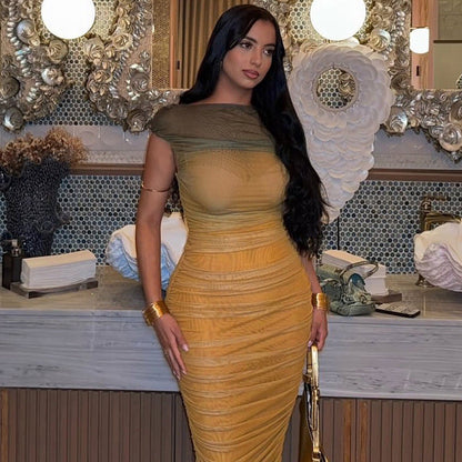 Color Block Bodycon Dress Gradient One-Shoulder Long Dress