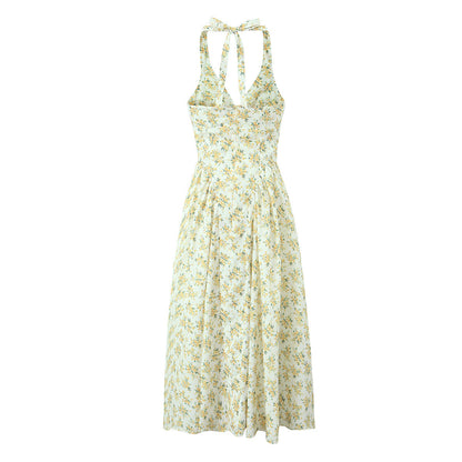Vintage Floral Halter V-Neck Maxi Dress