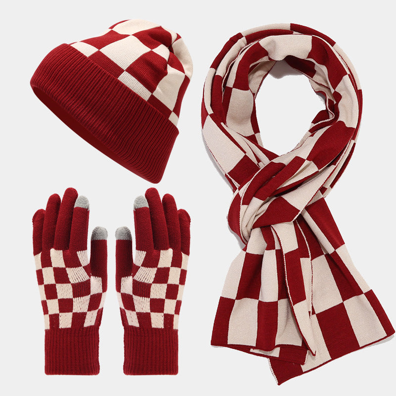 Winter Plaid Warm Hat Scarf Gloves Outdoor Sets