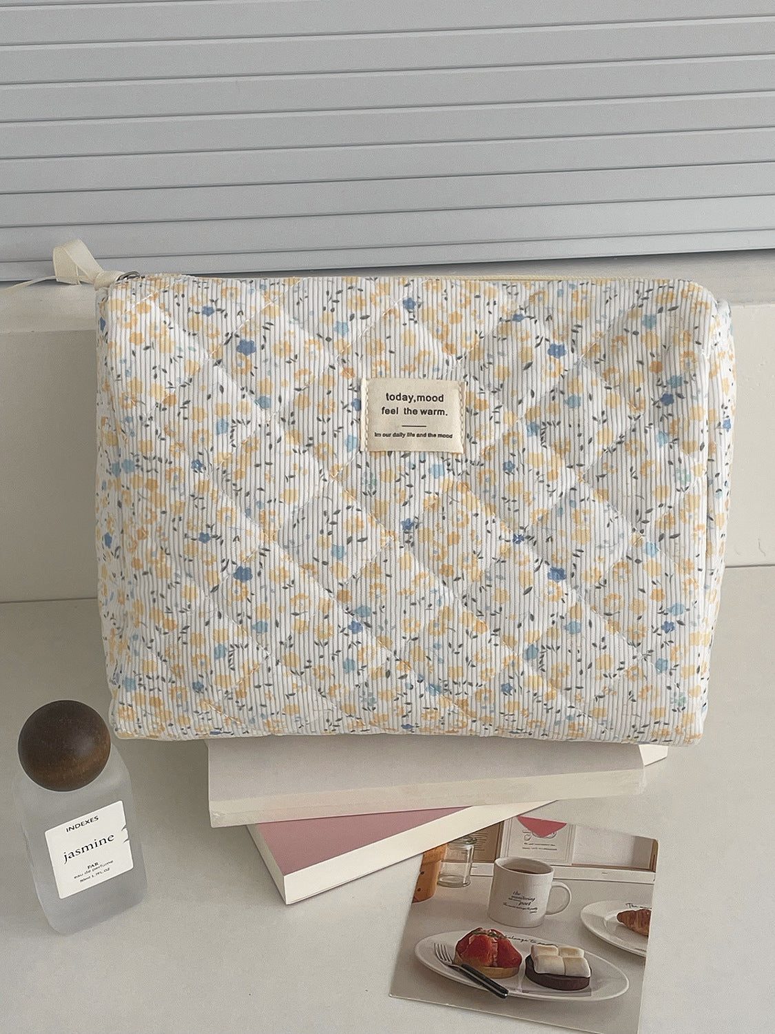 Floral Corduroy Makeup Bag Cute Travel Cosmetic Organizer