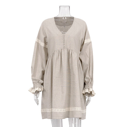 French Style V-Neck Lantern Sleeve A-Line Dress Casual Cotton Linen Blend