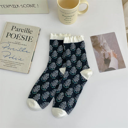 Rufia - Embossed Wheat Ear Pattern Ruffle Mid-Calf Socks