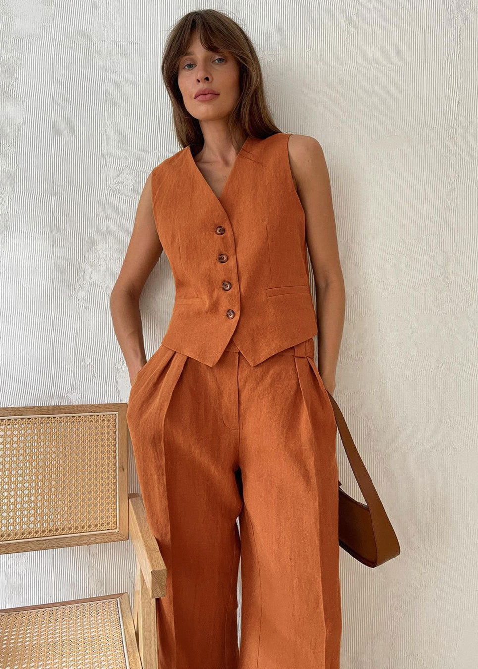 Linen Vest And Wide Leg Pants Set With Soft Pleats