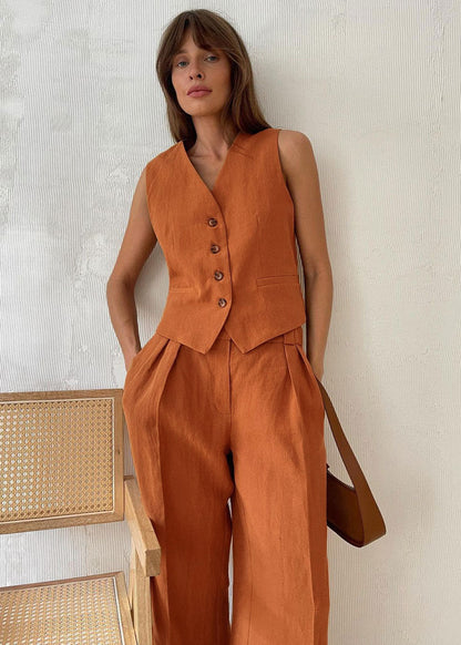 Linen Vest And Wide Leg Pants Set With Soft Pleats