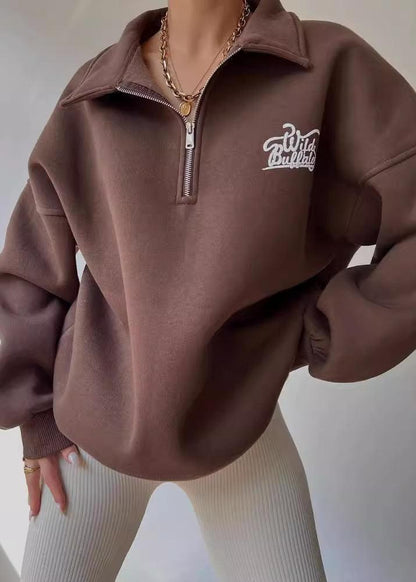 Oversized Half Zip Sweatshirt Cotton Blend Vintage Style