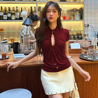 French Style Slim-Fit Short Sleeve Top With Hollow Out Design