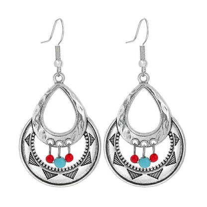 Simple Tribal Flower Teardrop Circle Turquoise Earring Set