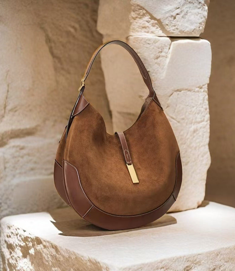Trendy Suede Splicing Leather Tote Crescent Handbag