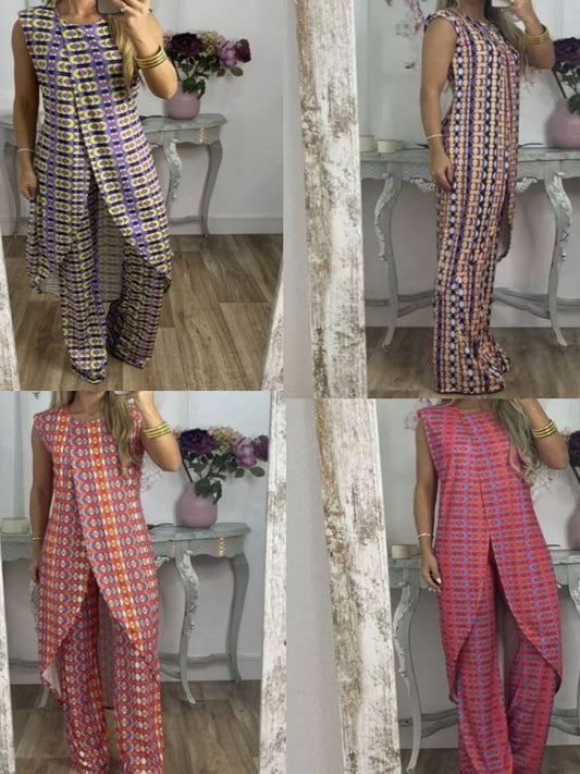 Trendy Floral Print Sleeveless Top and Long Pants Set