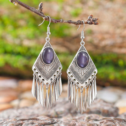 Diamond-Shaped Alloy Earrings with Turquoise Tassels for Women