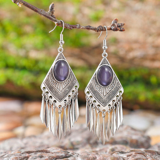 Diamond-Shaped Alloy Earrings with Turquoise Tassels for Women