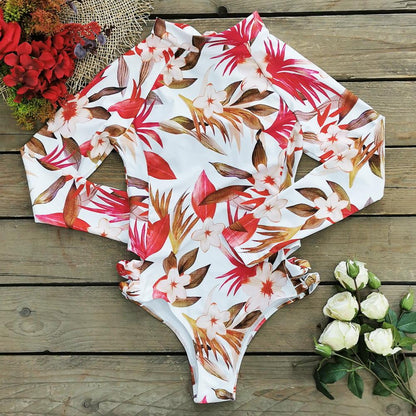 Long Sleeve Printed Swimsuit Women'S Bandage Hollow Surfing Beach