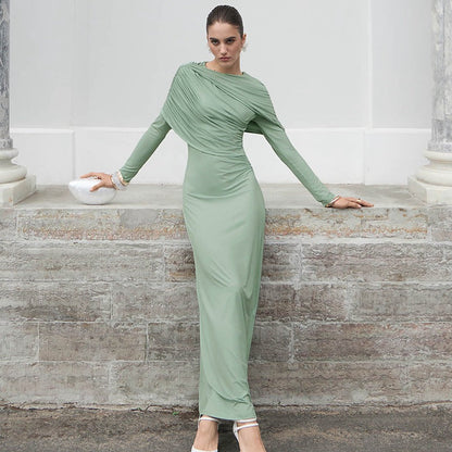 Elegant Solid Color Long Sleeve Dress with Ruched Design