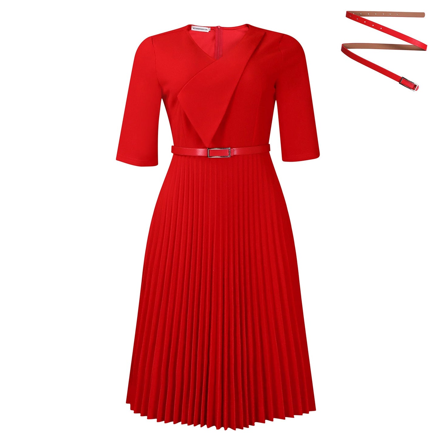 Elegant V-Neck A-Line Dress With Belt In Solid Colors