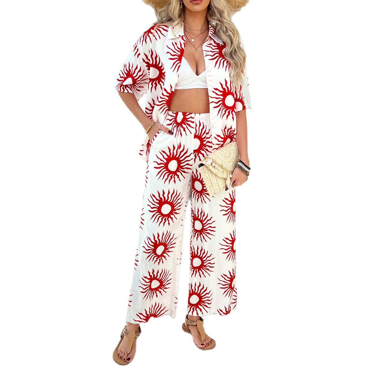 Casual Bohemian Color Block Print Wide Leg Pants Set