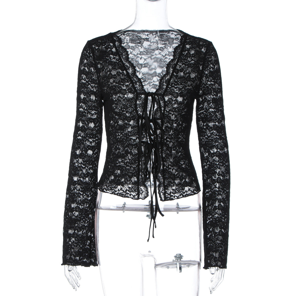 Fashionable Sheer Lace Tie-Front Long Sleeve T-Shirt