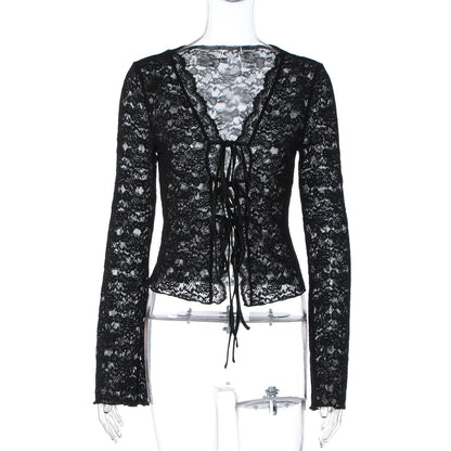 Fashionable Sheer Lace Tie-Front Long Sleeve T-Shirt
