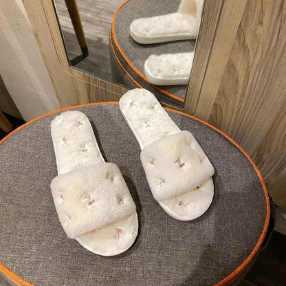 Cherry Embroidery Open Toe Plush Slippers