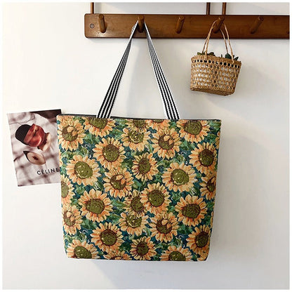 Large Capacity Tote Bag with Golden Embroidery Creative Pattern