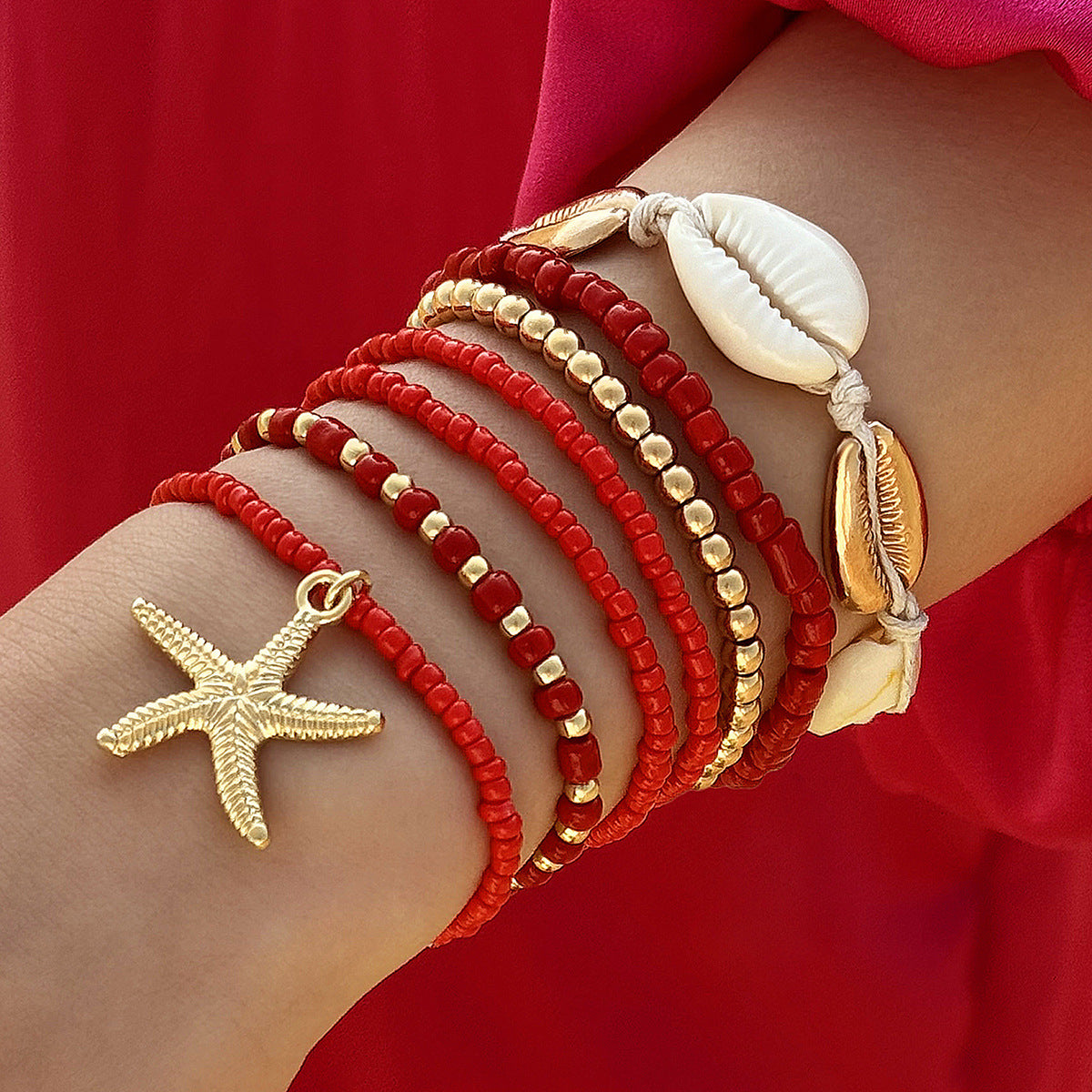 Bohemian Seashell Beaded Anklets Set With Starfish Elements