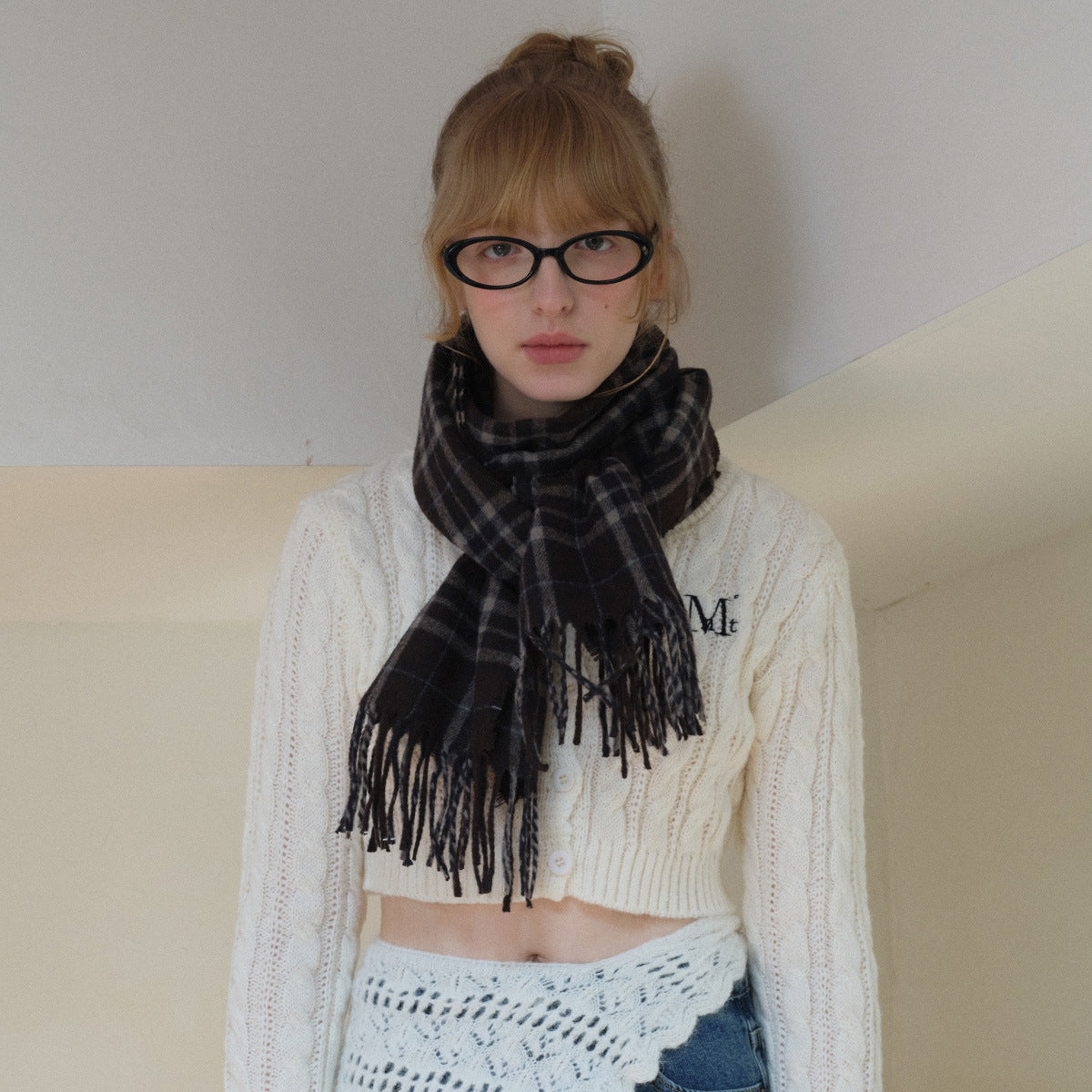 Brown Plaid Wool Blend Scarf with Fringes