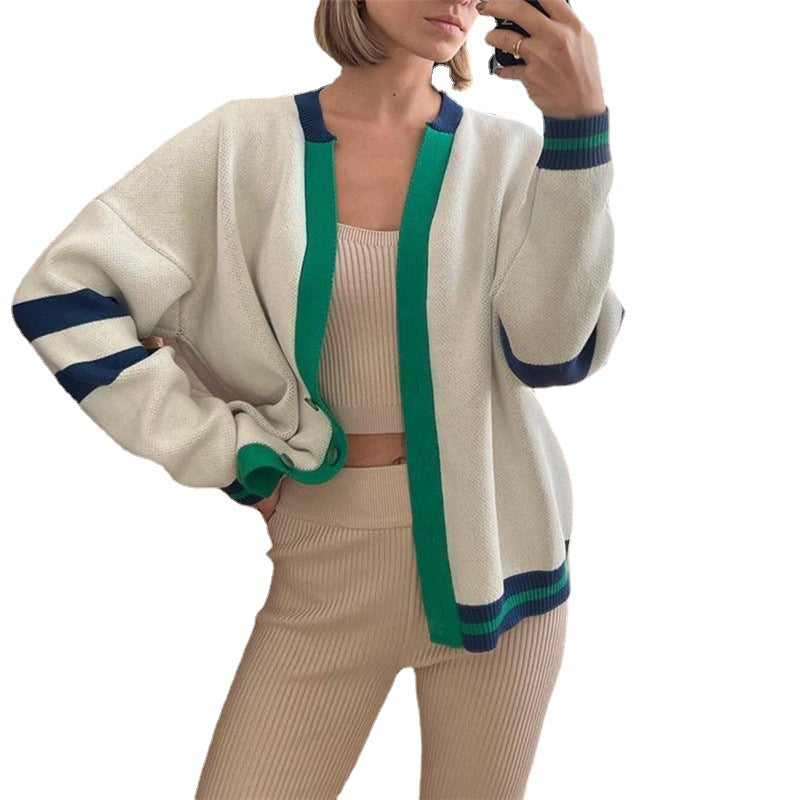 Trendy Color Contrast Striped Knit Cardigan