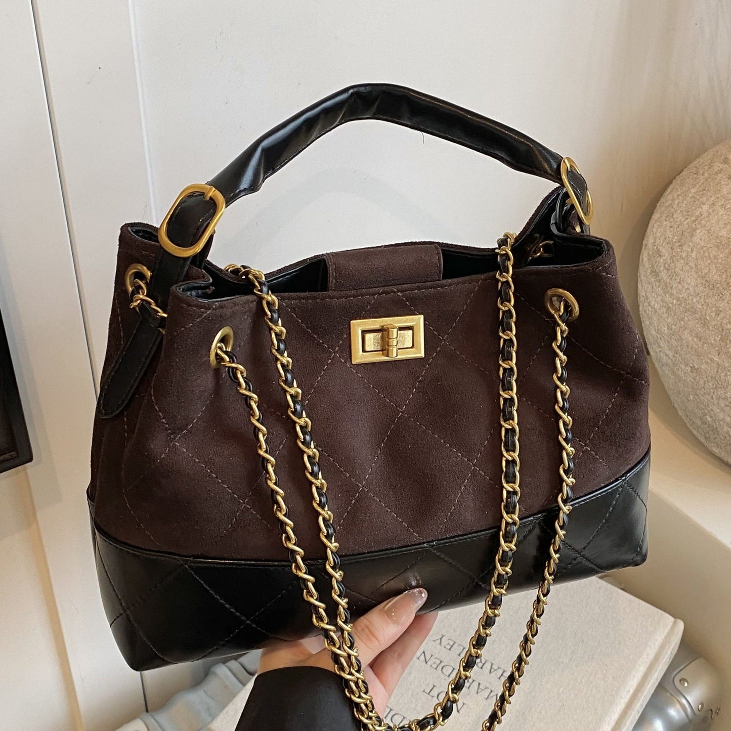 Large Capacity Color Block Retro Suede Shoulder Bag