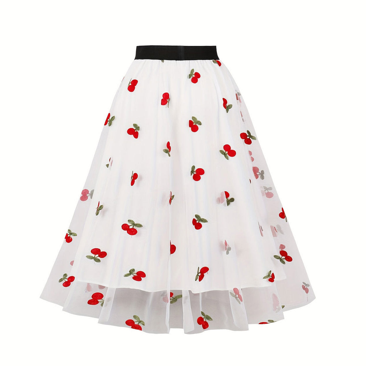Plus Size High Waist A-Line Skirt with Cherry Embroidery